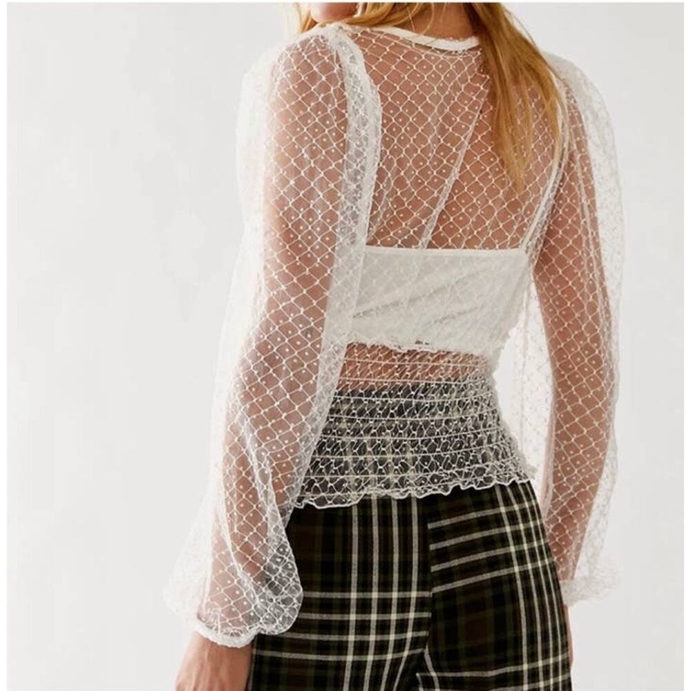 Free People Sheer Boho Layering Blouse Top Smocked Waist Gathered Sleeve Size S